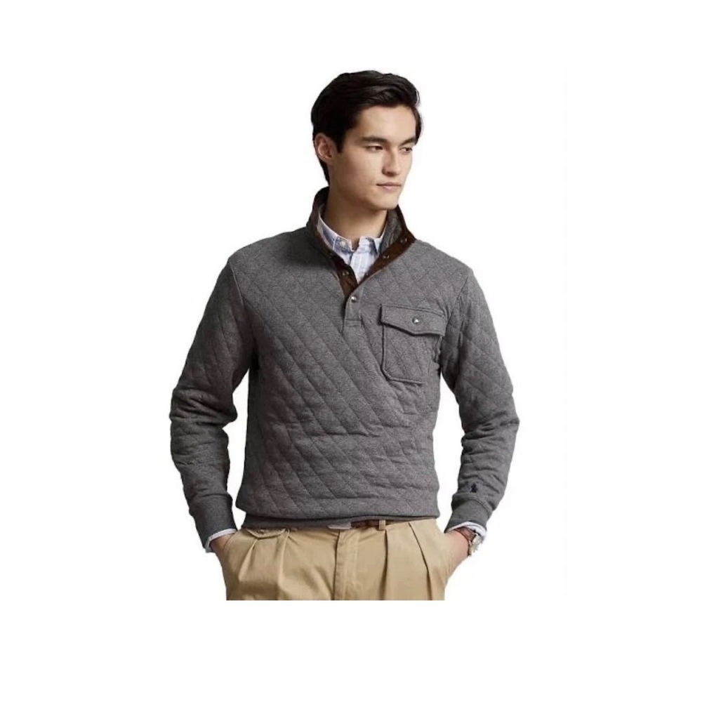 Polo Ralph Lauren Mens XXL Quilted Snap Mock Neck Pullover Sweatshirt Gray